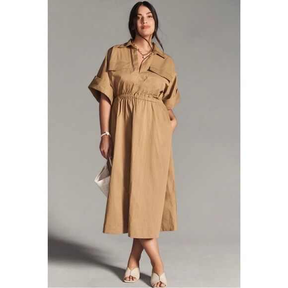 NEW Anthropologie Maeve Taupe Utility Gathered Maxi Shirt Dress Large Petite - Picture 7 of 10